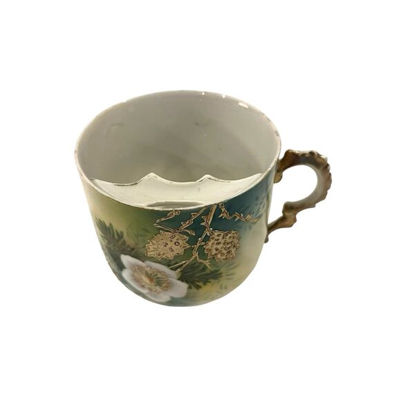 Antique PRUSSIA GERMANY Porcelain Green White Flower Raised Gold Leaves Tea Cup - Picture 2 of 8